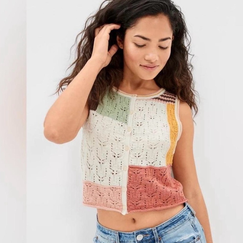 American Eagle Outfitters Cream, Pink, Rust & Green Patchwork Knit Vest